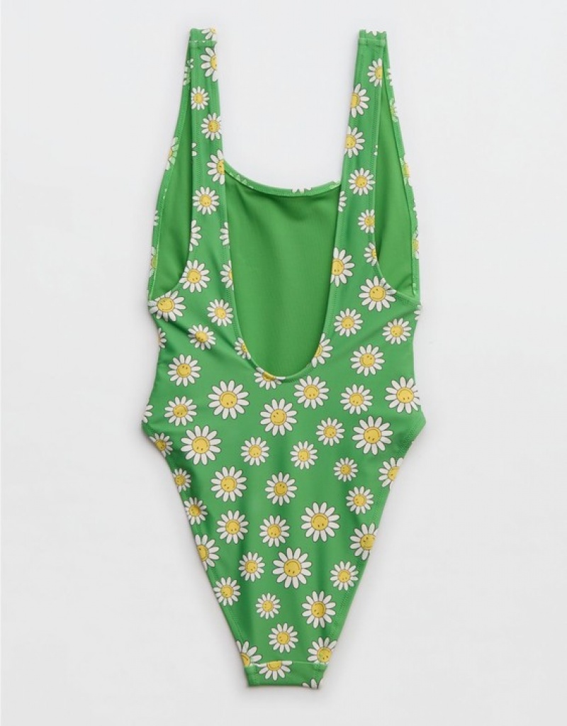 Aerie Smiley® Birthday Scoop One Piece Swimsuits Green | HBE-371096