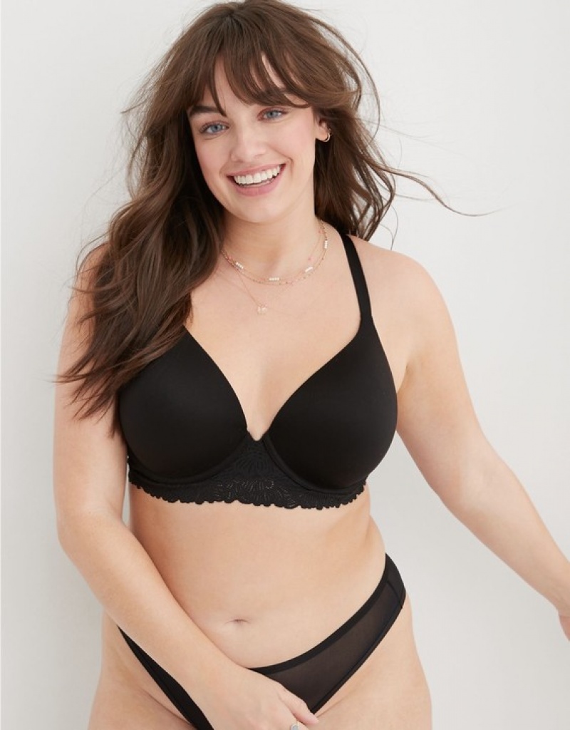 Aerie Sunnie Full Coverage Lightly Lined Bloom Lace Trim Bras Black | CAJ-106923