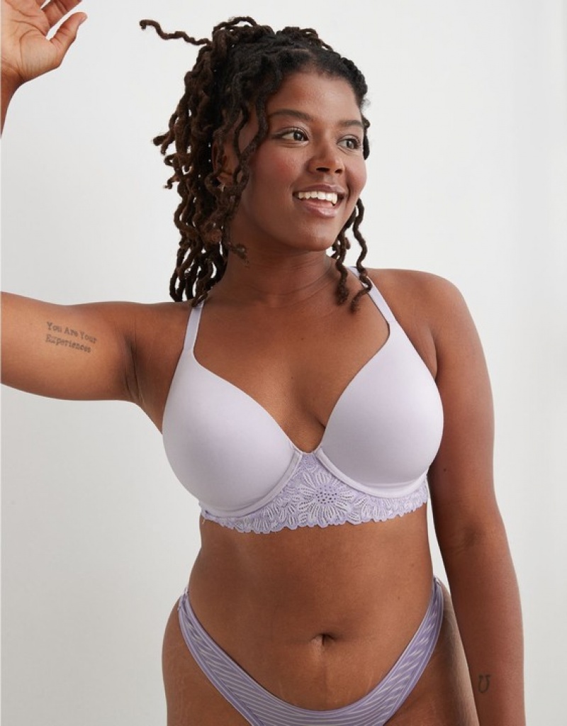 Aerie Sunnie Full Coverage Lightly Lined Bloom Lace Trim Bras Lavender | GTA-713294