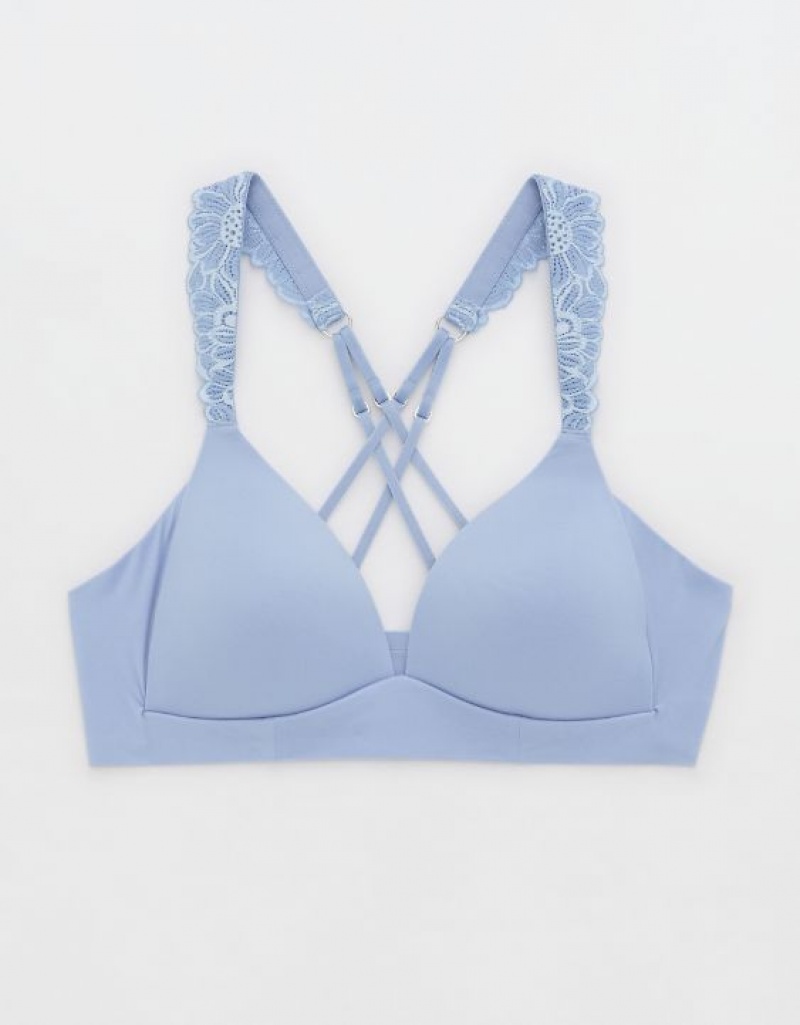 Aerie Sunnie Wireless Lightly Lined Bloom Lace Strap Bras Blue | OUS-624538