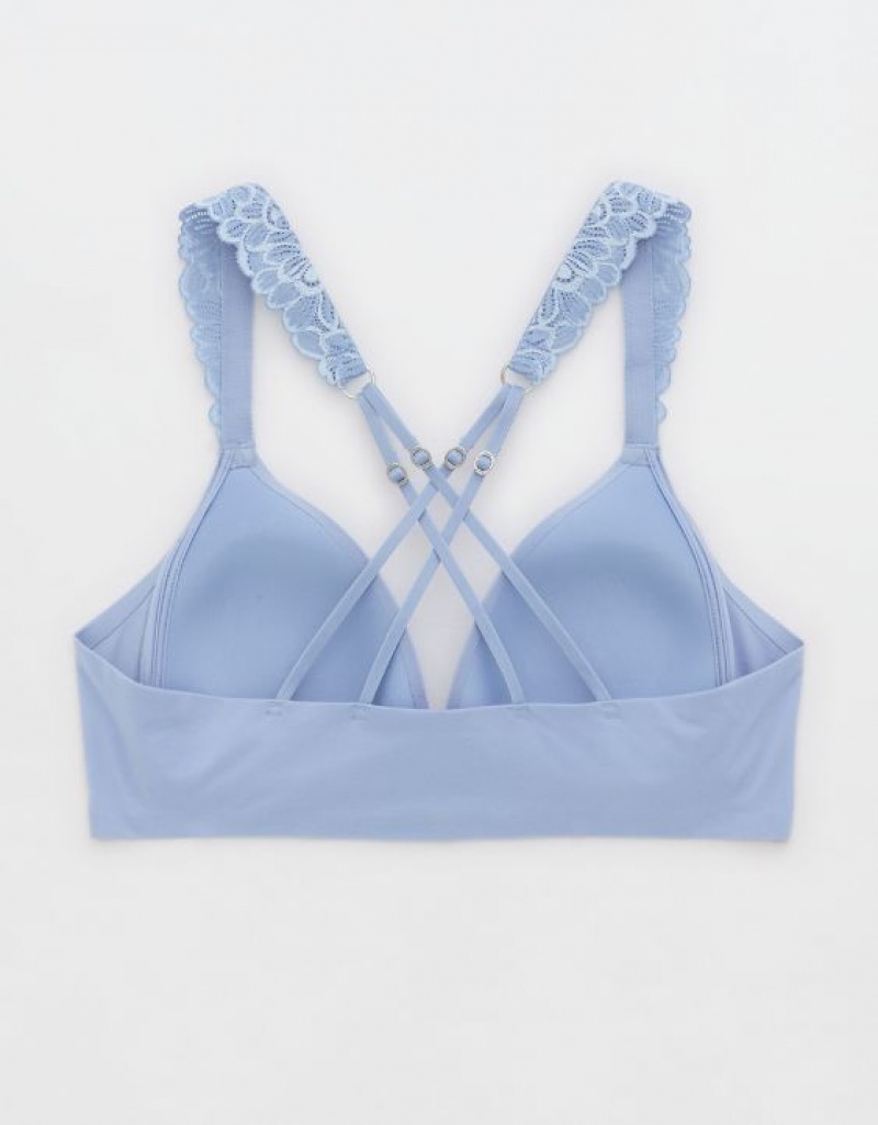 Aerie Sunnie Wireless Lightly Lined Bloom Lace Strap Bras Blue | OUS-624538