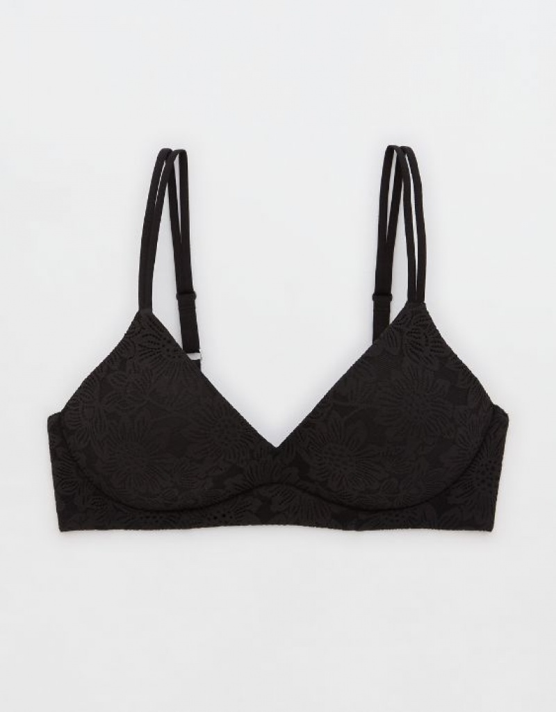 Aerie Sunnie Wireless Push Up Bloom Lace Bras Black | WRU-376482