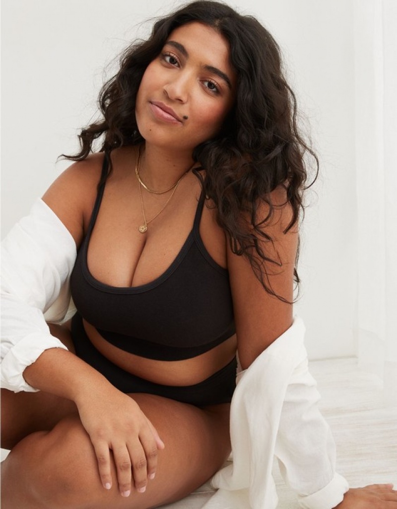 Aerie Superchill Cotton Seamless Padded Scooplette Bras Black | MXI-287409