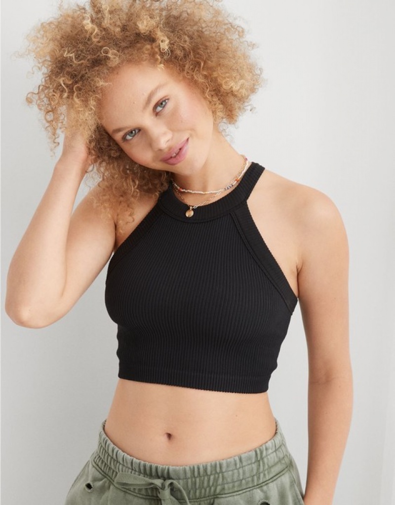 Aerie Superchill Seamless High Neck Top Bras Black | YXP-785634