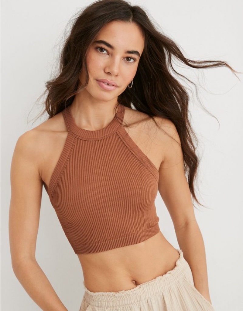 Aerie Superchill Seamless High Neck Top Bras Brown | EQW-806925