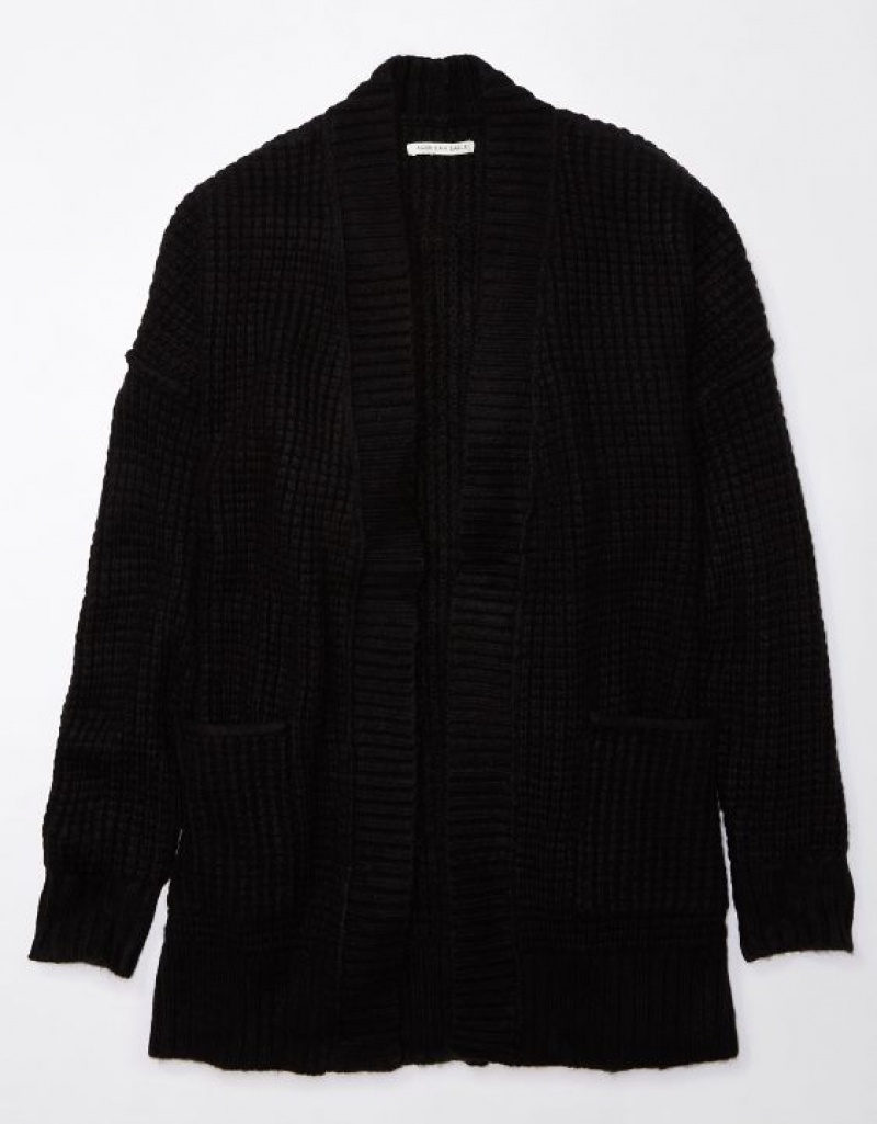 Aerie Whoa So Cozy Waffle Cardigan Black | LWH-598612