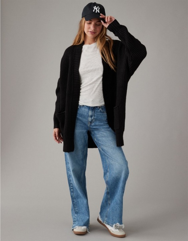 Aerie Whoa So Cozy Waffle Cardigan Black | LWH-598612