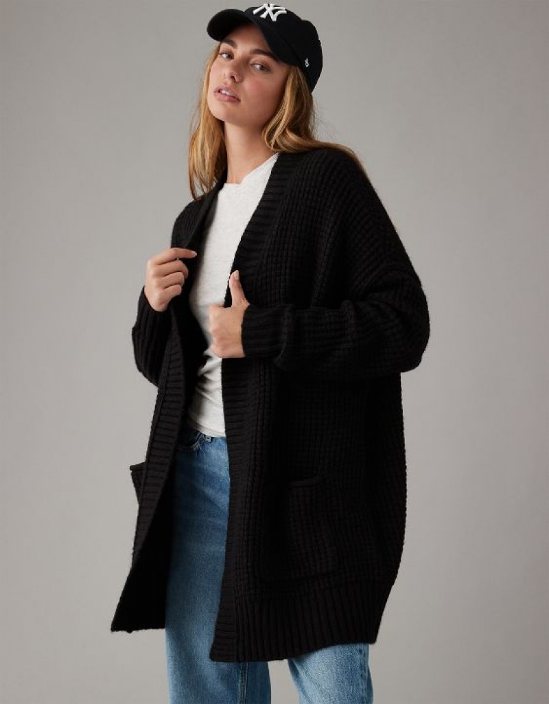 Aerie Whoa So Cozy Waffle Cardigan Black | LWH-598612