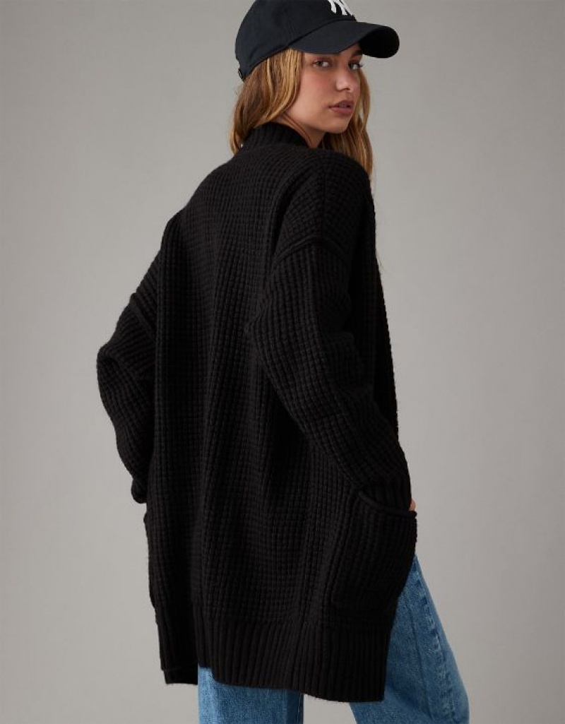 Aerie Whoa So Cozy Waffle Cardigan Black | LWH-598612