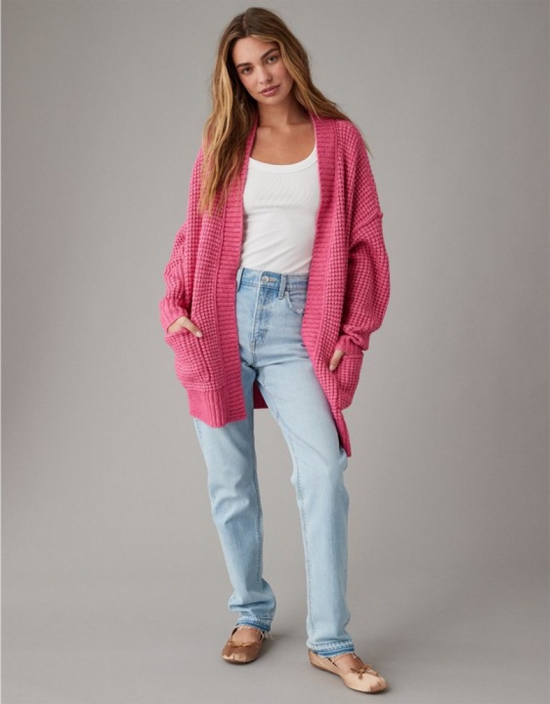 Aerie Whoa So Cozy Waffle Cardigan Pink | TVE-372098