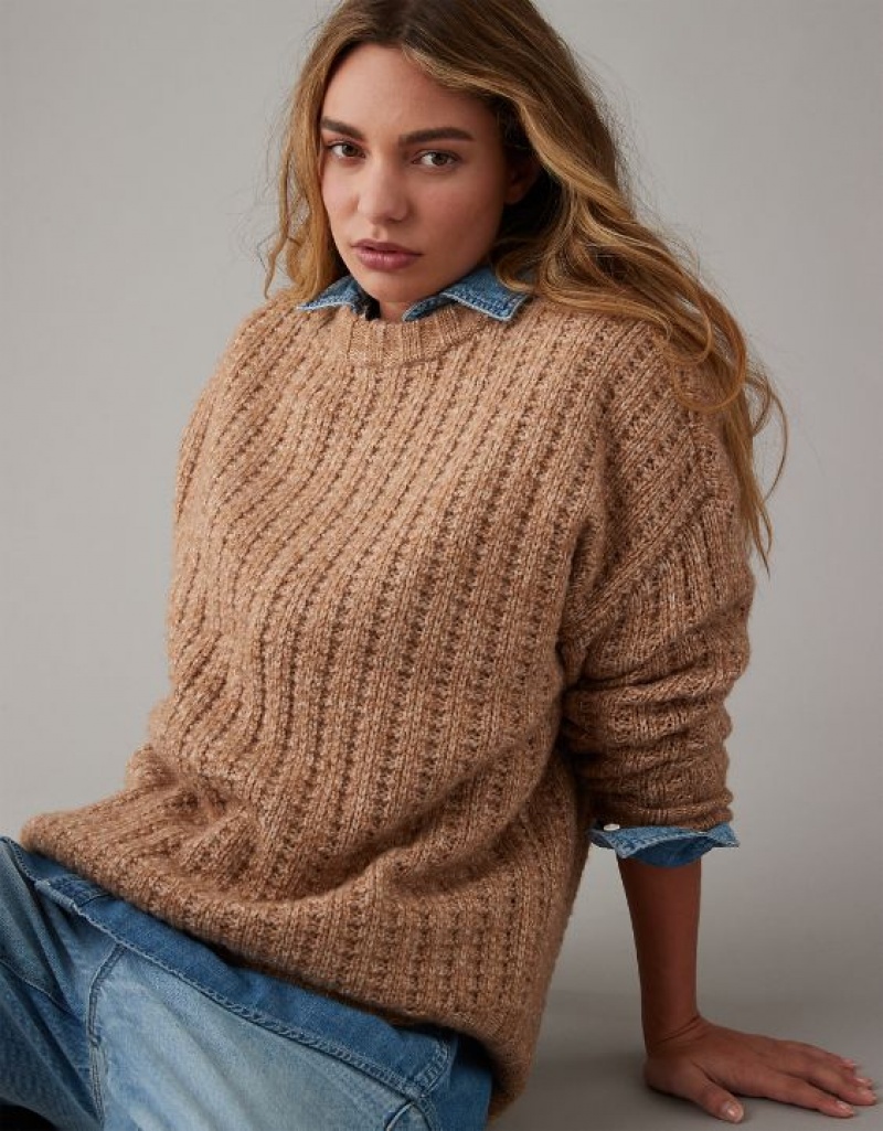 Aerie Whoa So Cozy Waffle Sweater Brown | FPM-463528