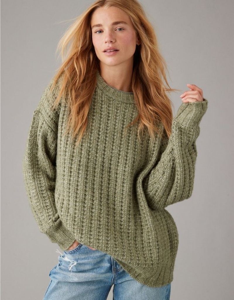 Aerie Whoa So Cozy Waffle Sweater Olive | CXQ-079564