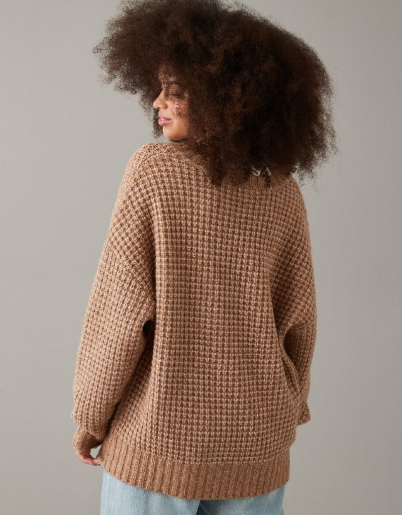 Aerie Whoa So Cozy Waffle V-Neck Sweater Brown | VWB-401963