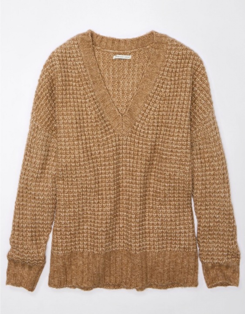 Aerie Whoa So Cozy Waffle V-Neck Sweater Brown | VWB-401963