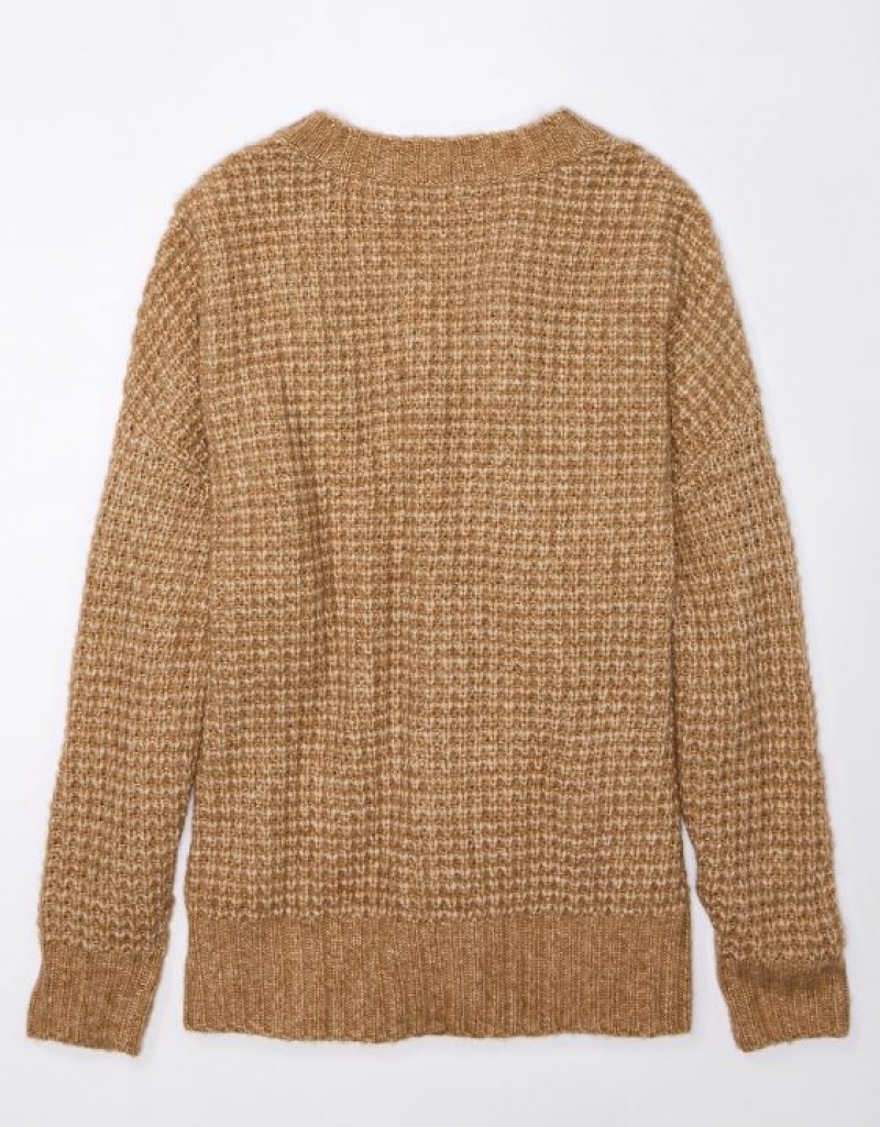 Aerie Whoa So Cozy Waffle V-Neck Sweater Brown | VWB-401963