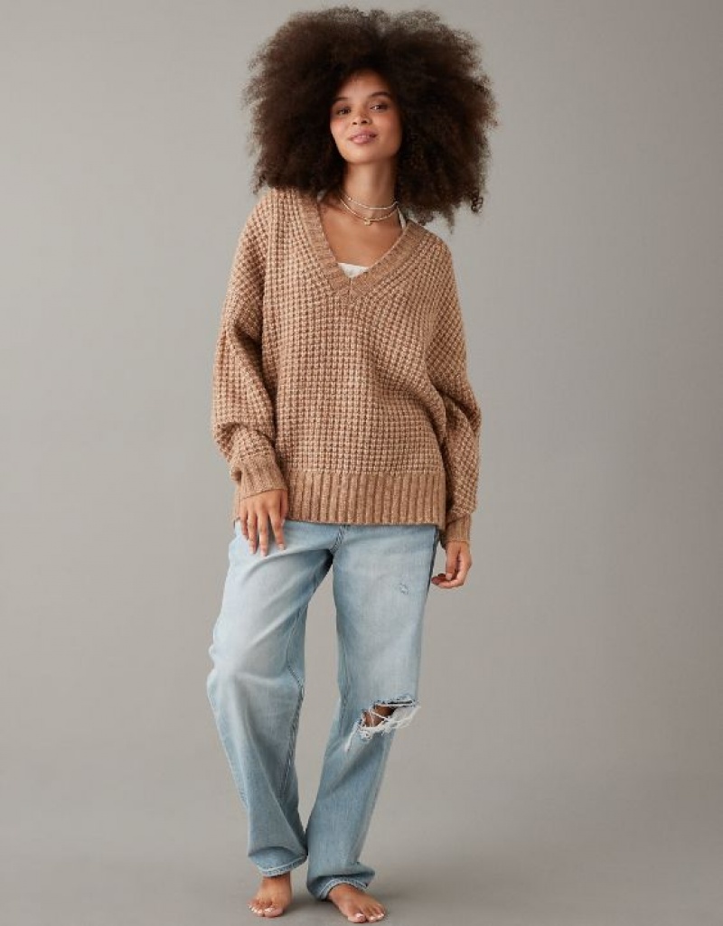 Aerie Whoa So Cozy Waffle V-Neck Sweater Brown | VWB-401963