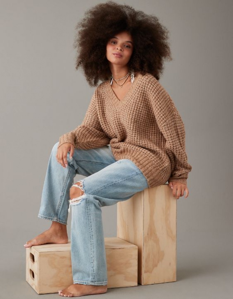 Aerie Whoa So Cozy Waffle V-Neck Sweater Brown | VWB-401963