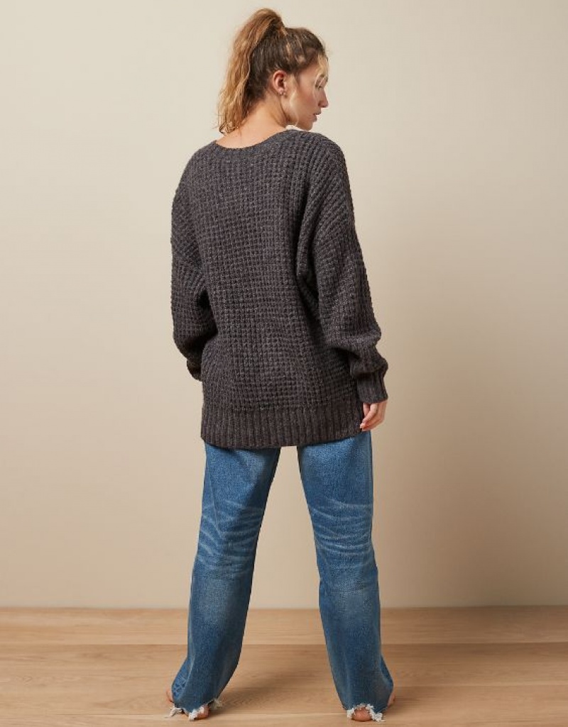 Aerie Whoa So Cozy Waffle V-Neck Sweater Grey | QGJ-703985