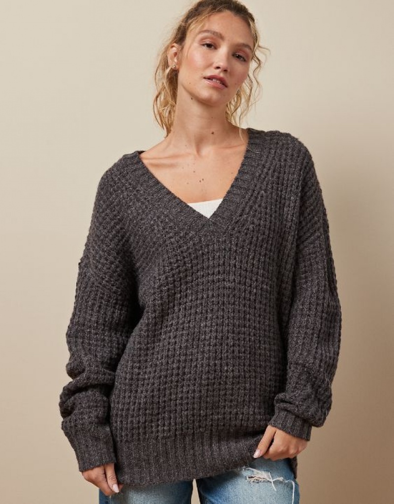 Aerie Whoa So Cozy Waffle V-Neck Sweater Grey | QGJ-703985