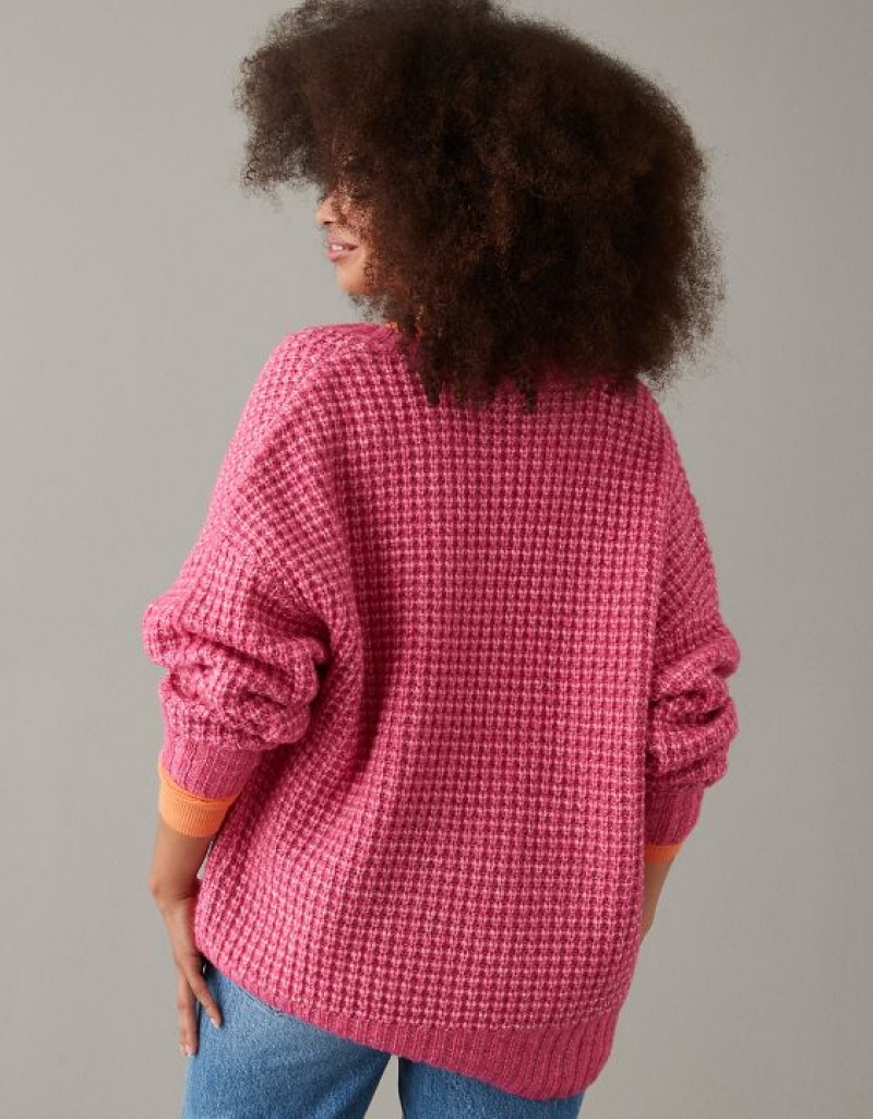 Aerie Whoa So Cozy Waffle V-Neck Sweater Pink | SUP-196847