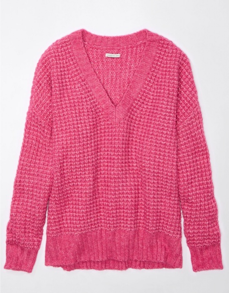 Aerie Whoa So Cozy Waffle V-Neck Sweater Pink | SUP-196847