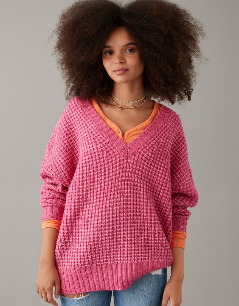 Aerie Whoa So Cozy Waffle V-Neck Sweater Pink | SUP-196847