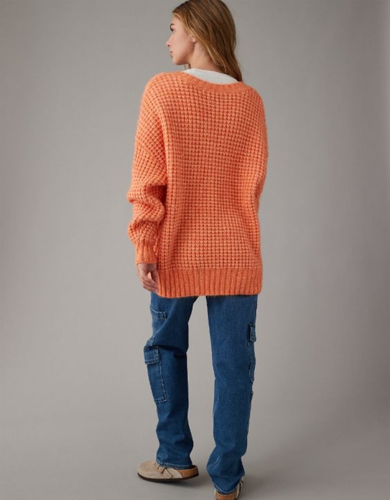 Aerie Whoa So Cozy Waffle V-Neck Sweater Orange | BPF-847913