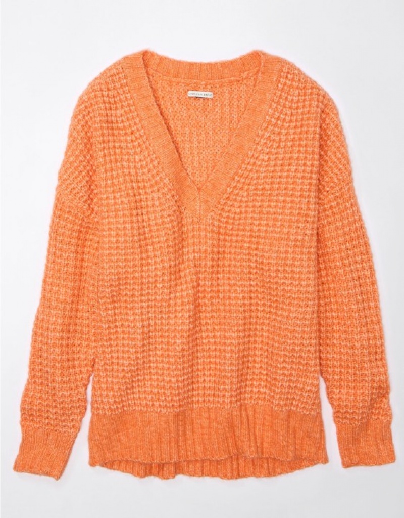 Aerie Whoa So Cozy Waffle V-Neck Sweater Orange | BPF-847913