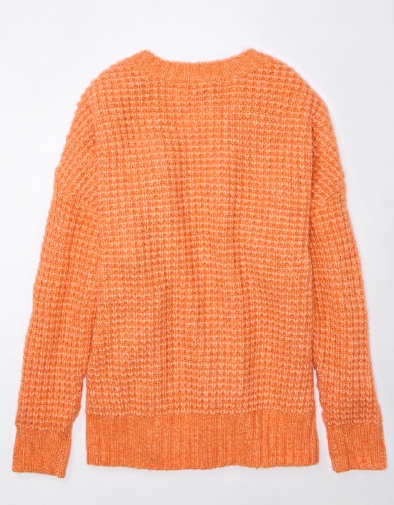 Aerie Whoa So Cozy Waffle V-Neck Sweater Orange | BPF-847913