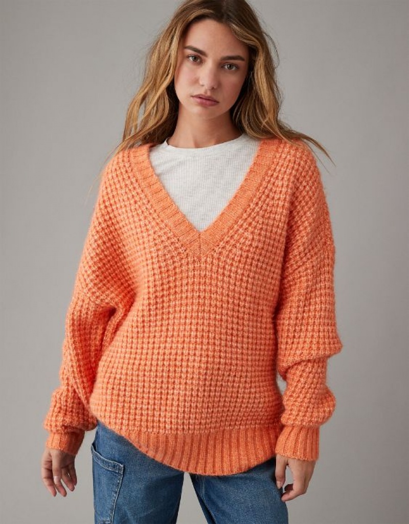 Aerie Whoa So Cozy Waffle V-Neck Sweater Orange | BPF-847913