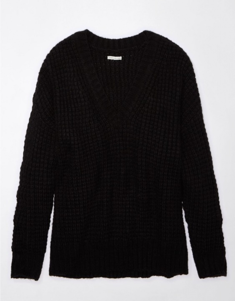 Aerie Whoa So Cozy Waffle V-Neck Sweater Black | DRK-295704