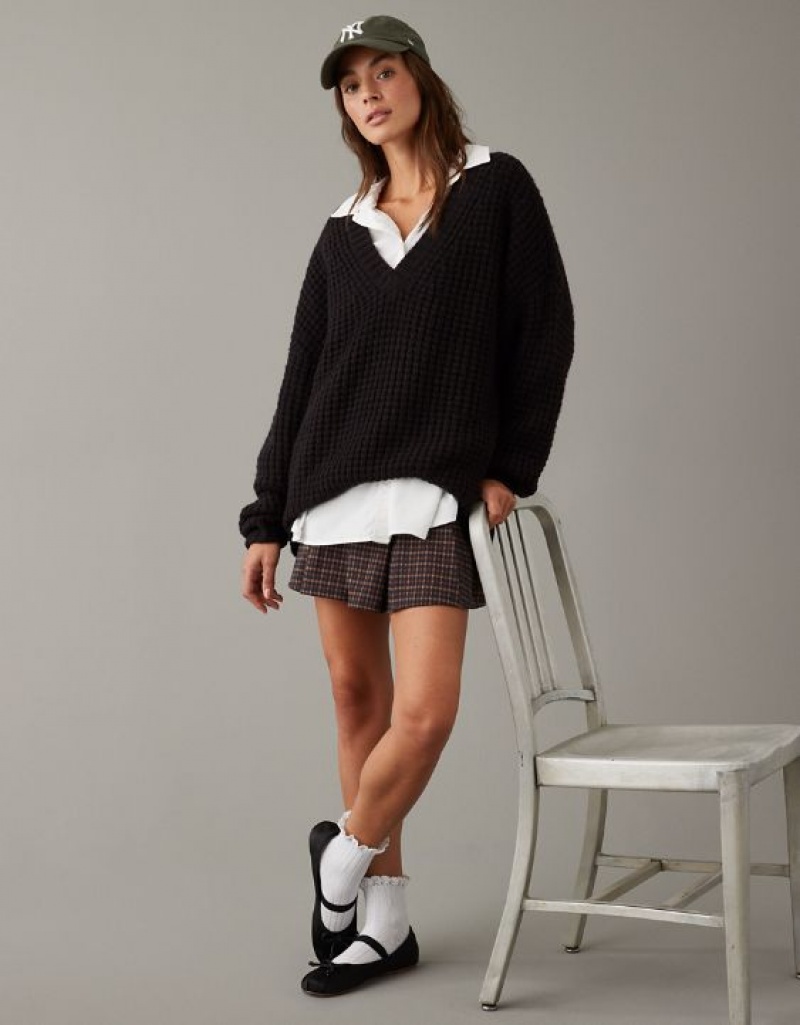 Aerie Whoa So Cozy Waffle V-Neck Sweater Black | DRK-295704