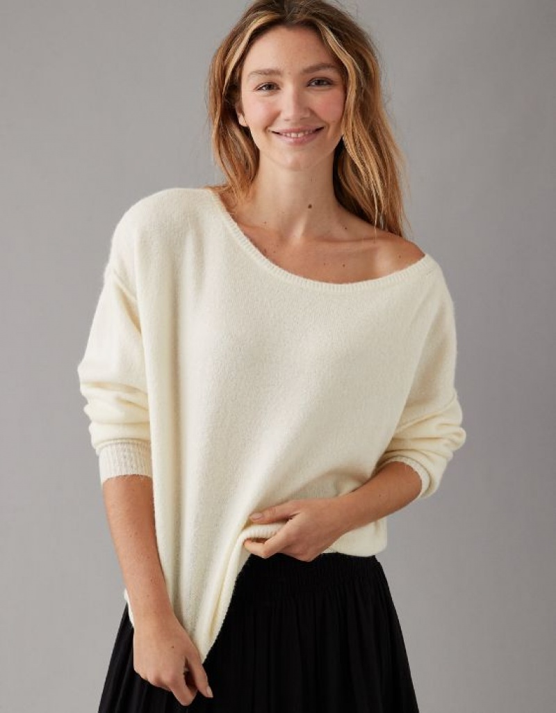 Aerie Whoa So Soft Ballet-Neck Sweater Cream | YEF-583290