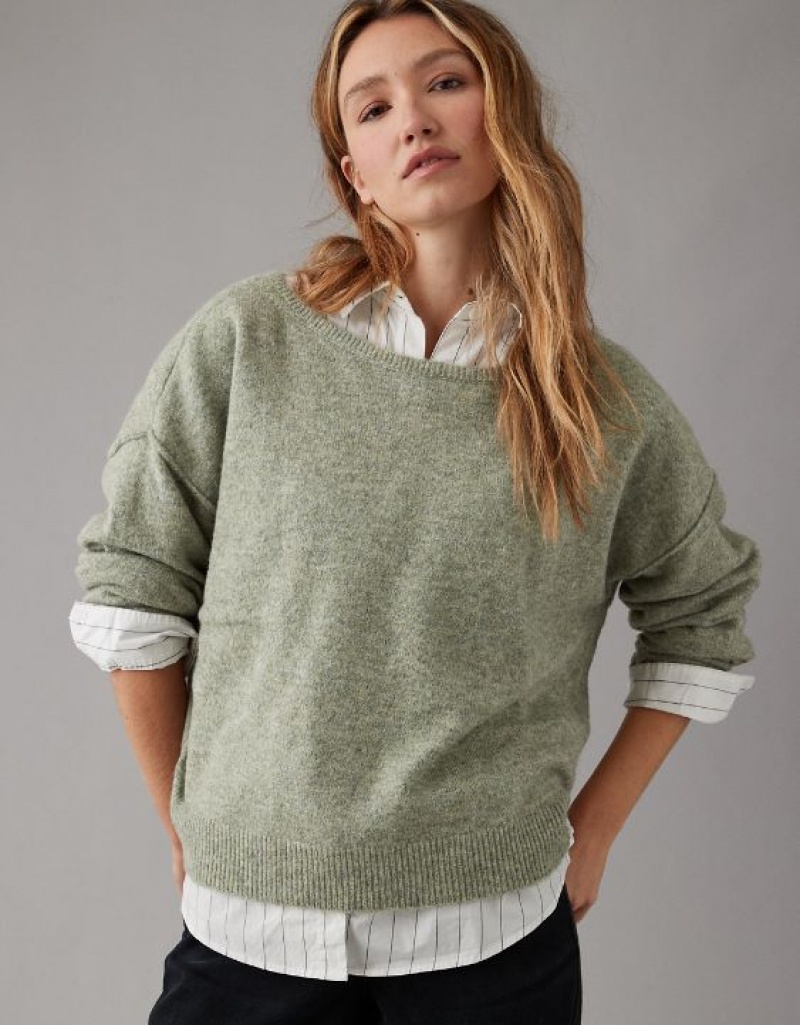 Aerie Whoa So Soft Ballet-Neck Sweater Olive | IZE-592706