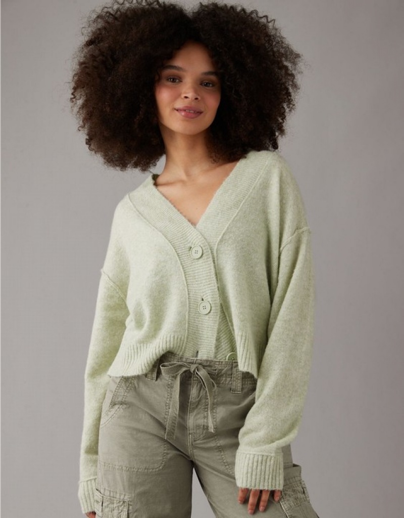 Aerie Whoa So Soft Cropped Button-Front Cardigan Green | RMD-940238