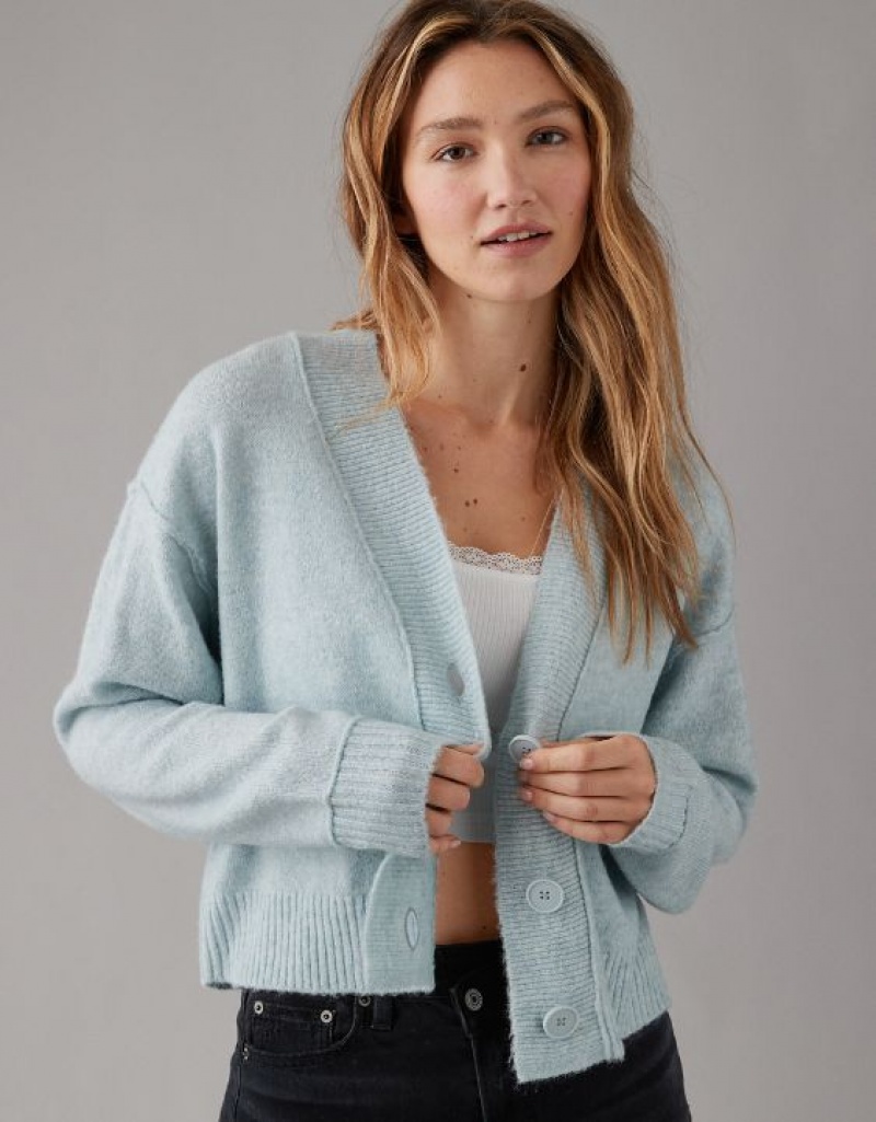 Aerie Whoa So Soft Cropped Button-Front Cardigan Light Blue | PRQ-592048