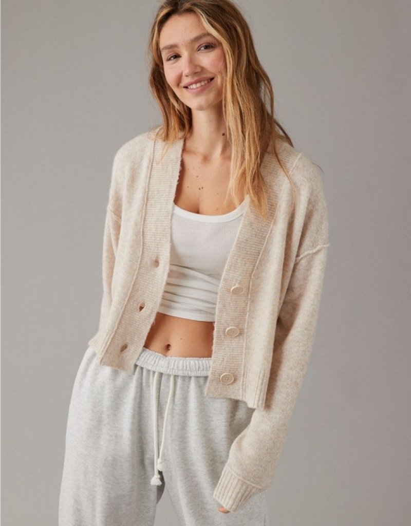 Aerie Whoa So Soft Cropped Button-Front Cardigan Brown | UXO-234805