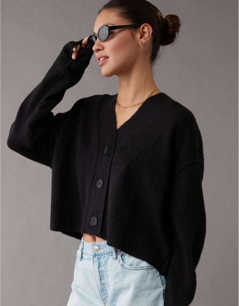 Aerie Whoa So Soft Cropped Button-Front Cardigan Black | HWS-203617