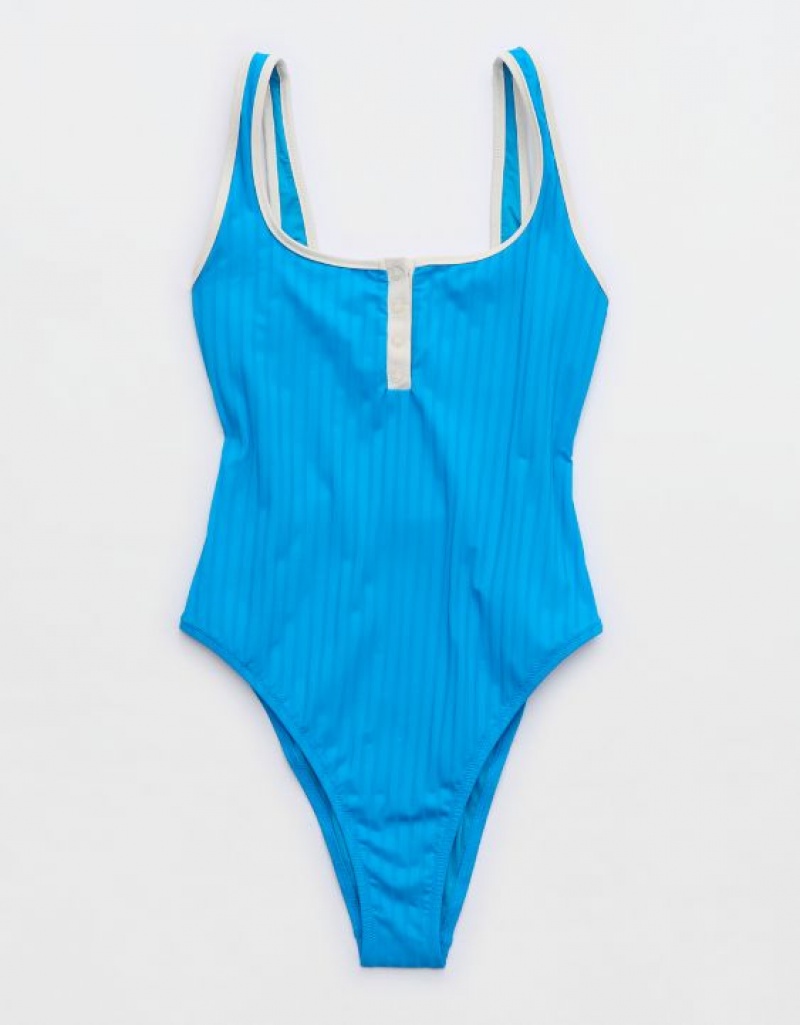 Aerie Wide Rib Henley One Piece Swimsuits Blue | VPG-392086