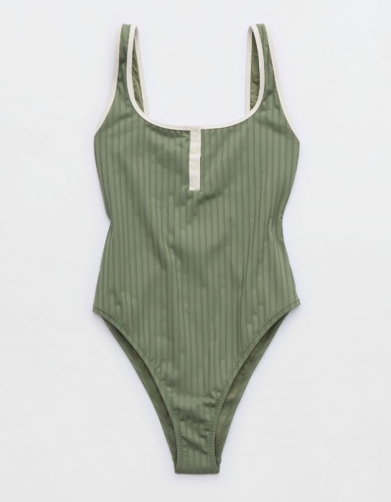 Aerie Wide Rib Henley One Piece Swimsuits Olive | EDL-016472