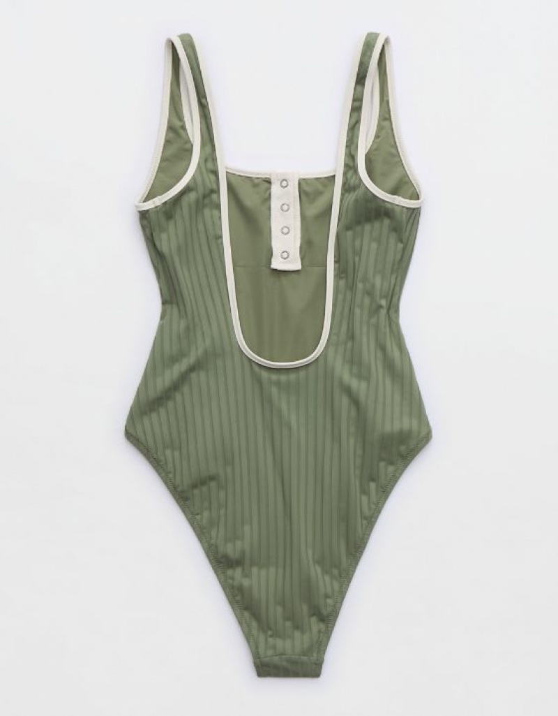 Aerie Wide Rib Henley One Piece Swimsuits Olive | EDL-016472