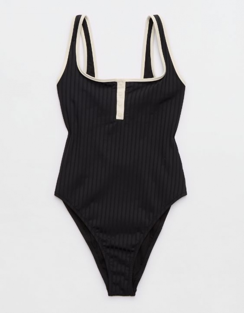 Aerie Wide Rib Henley One Piece Swimsuits Black | OIW-730459