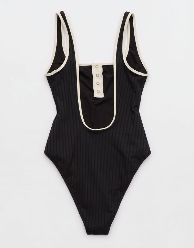 Aerie Wide Rib Henley One Piece Swimsuits Black | OIW-730459