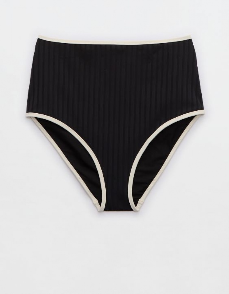 Aerie Wide Rib High Waisted Bikini Bottom Black | QSI-164283