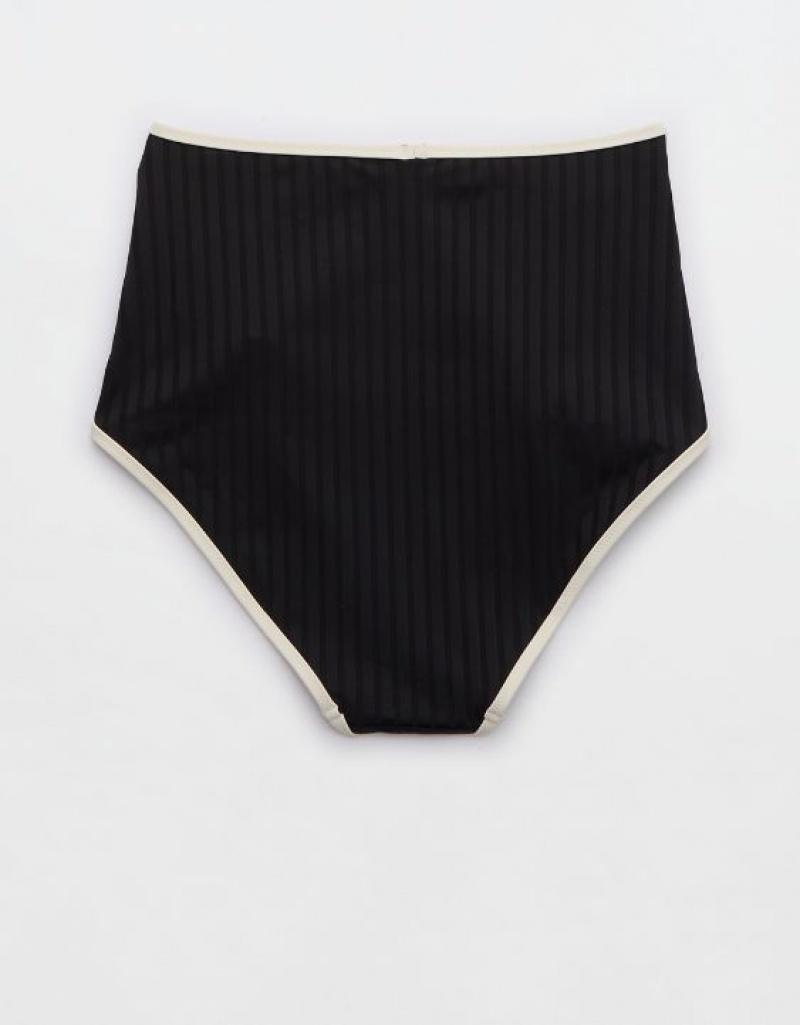 Aerie Wide Rib High Waisted Bikini Bottom Black | QSI-164283