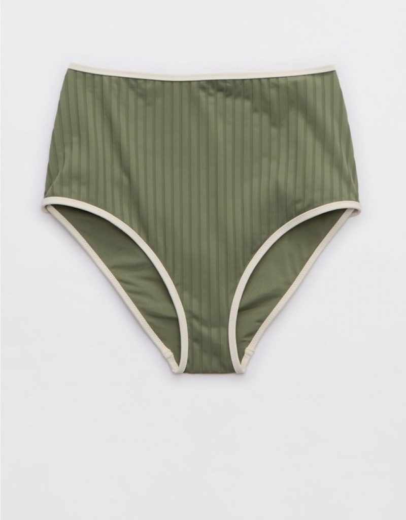 Aerie Wide Rib High Waisted Bikini Bottom Olive | JOK-541209