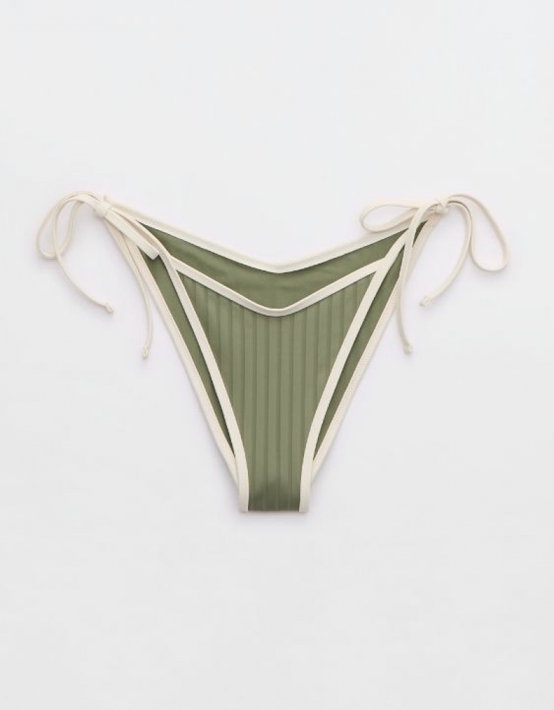 Aerie Wide Rib Low Rise Tie Cheekiest Bikini Bottom Olive | ISR-506347