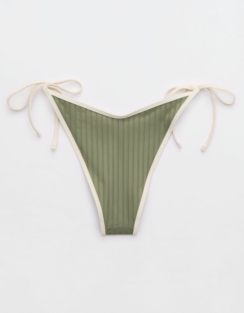 Aerie Wide Rib Low Rise Tie Cheekiest Bikini Bottom Olive | ISR-506347