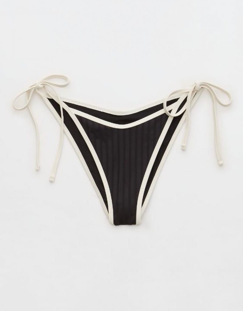 Aerie Wide Rib Low Rise Tie Cheekiest Bikini Bottom Black | WRX-986175