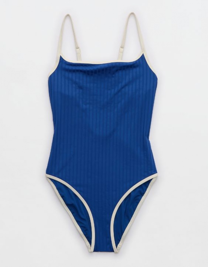 Aerie Wide Rib Scoop One Piece Swimsuits Blue | JEW-593614